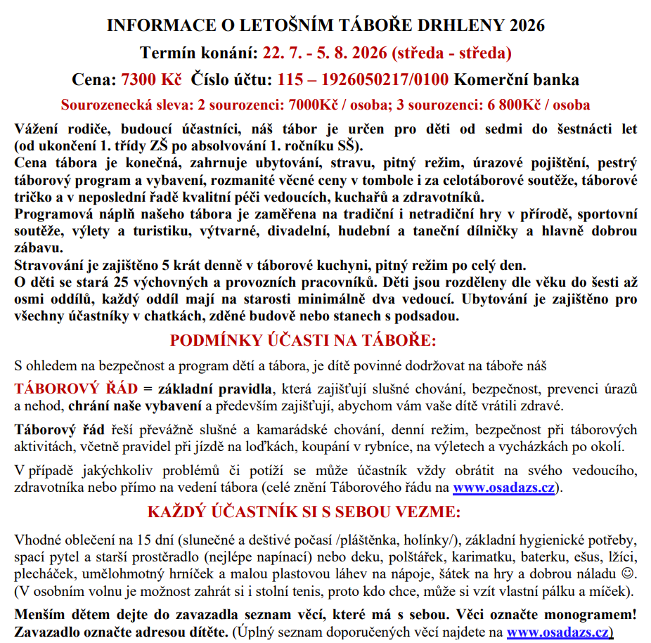 Informace o letošním táboře